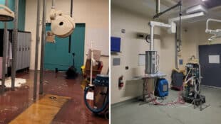 An operating room with water on the floor; the same room renovated.