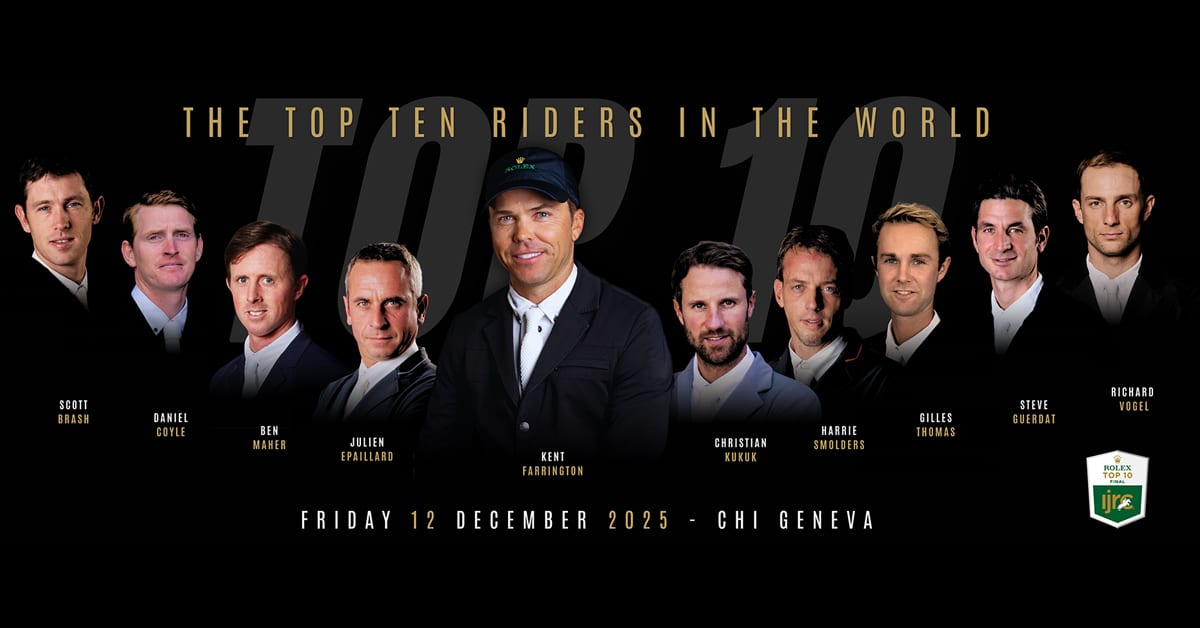 Ten show jumping riders' faces on a promotional poster.