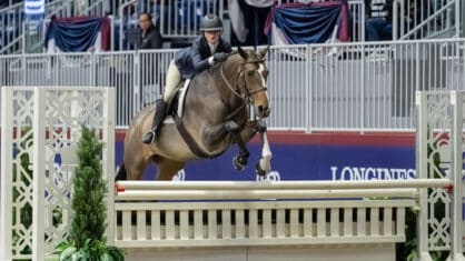 A young woman on a bay hunter jumping at the Royal.
