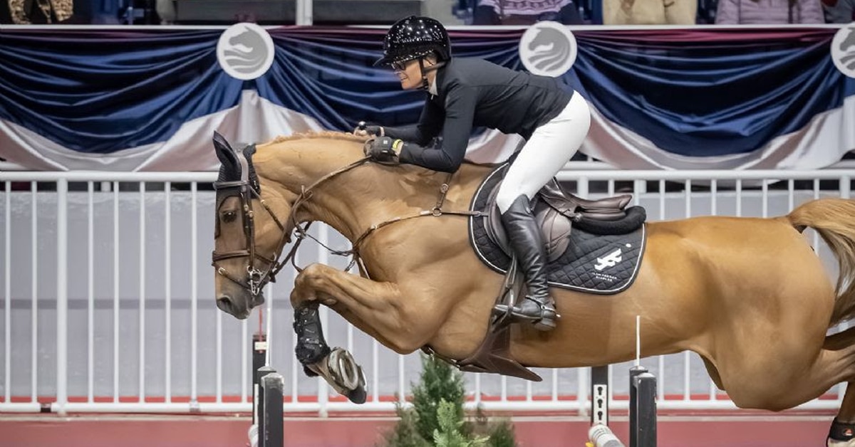 A woman jumping a chestnut horse over a fence at the Royal.