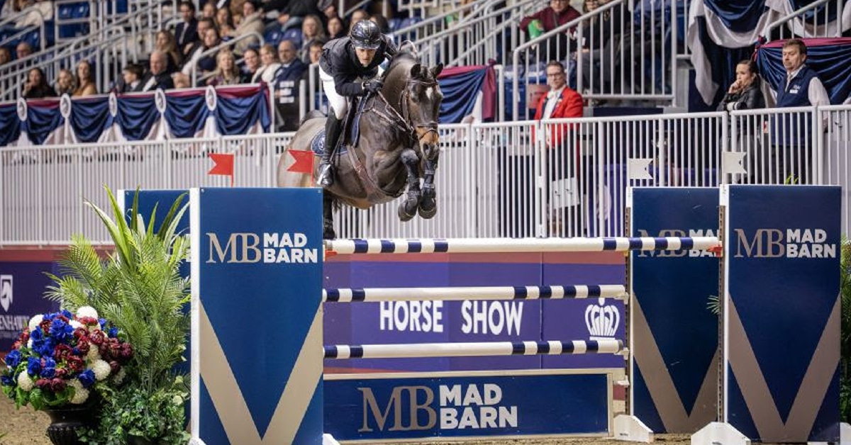 A man jumping a bay horse over a fence at The Royal.