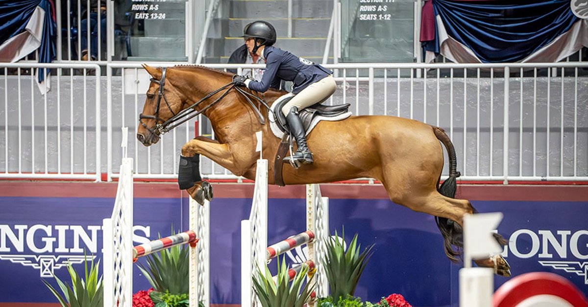 A young woman jumping a chestnut horse over a fence at the Royal.