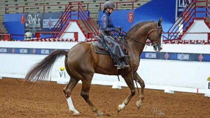 A woman on a chestnut horse performing western dressage in an arena.