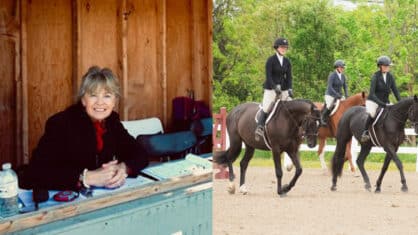 A judge in her booth; riders in a flat class.