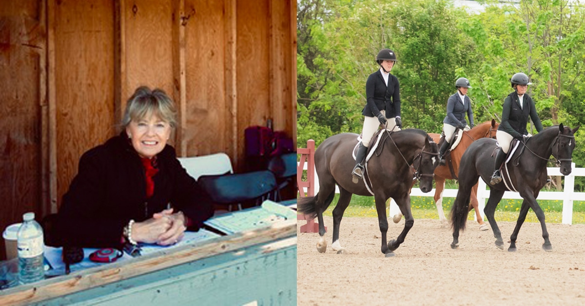 A judge in her booth; riders in a flat class.