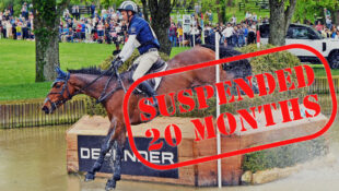 A man jumping a bay horse into the water with a stamp reading 'Suspended 20 Months'