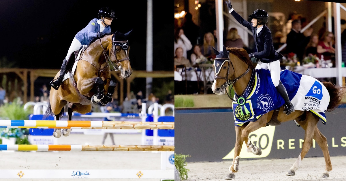 A woman jumping a fence on a bay horse, another woman waving to the crowd during a victory lap.