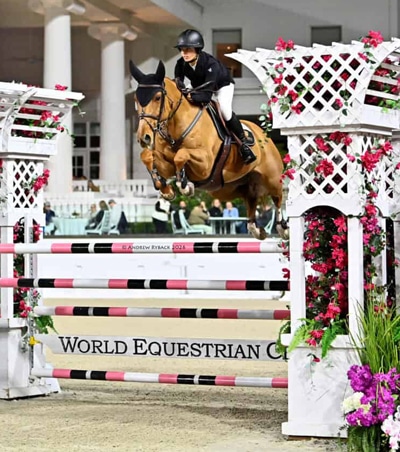 A woman riding a bay mare over a fence in Ocala.