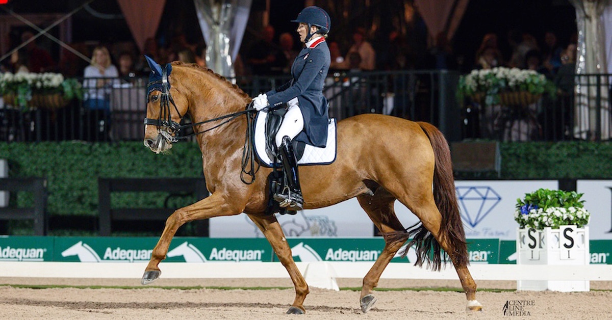 A woman performing a dressage test on a chestnut horse.
