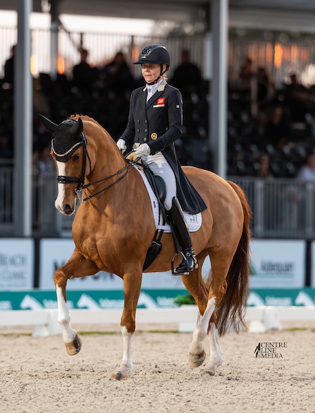 A woman riding a chestnut dressage horse during a test.