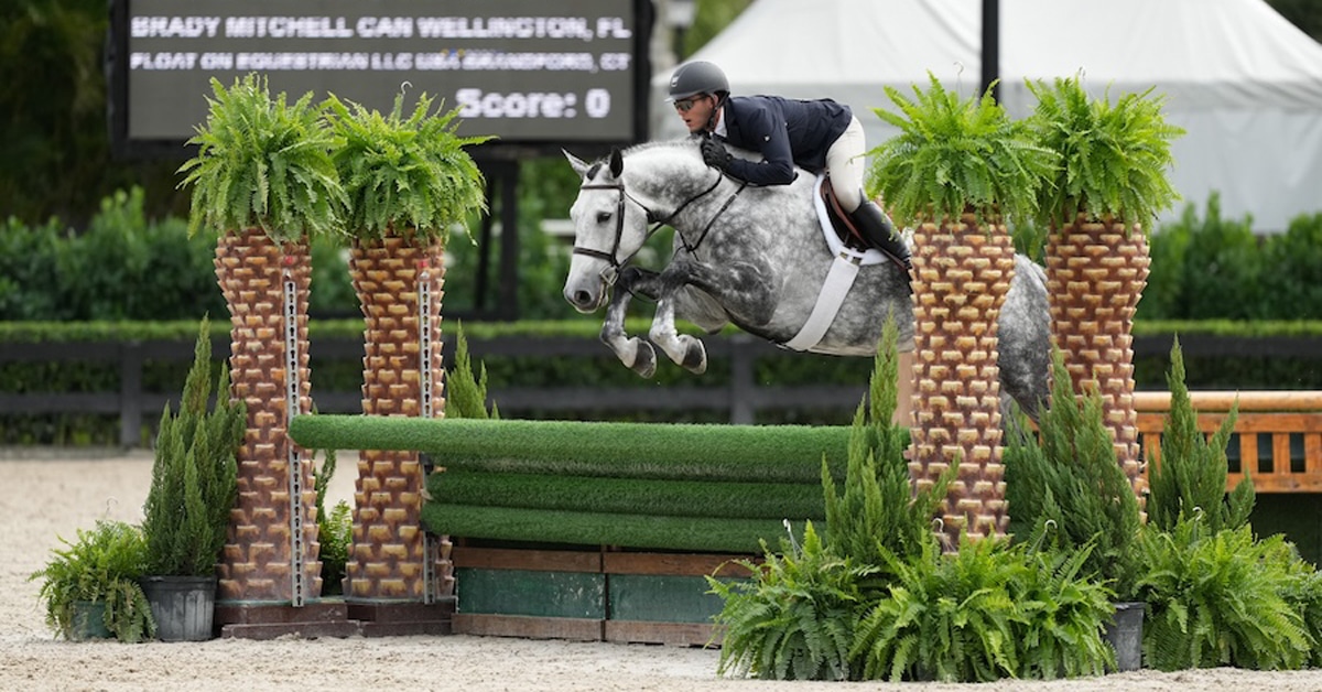 A man jumping a grey horse over a hunter fence.