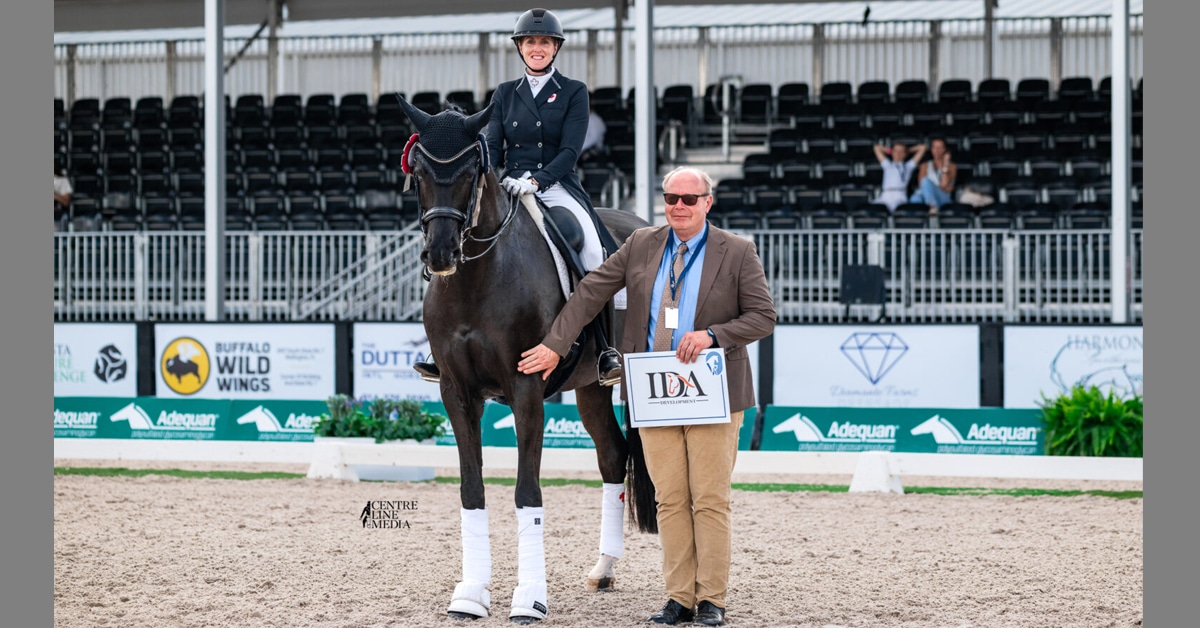A woman on a dark bay dressage horse during a presentation.