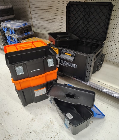 Several toolboxes in a store.