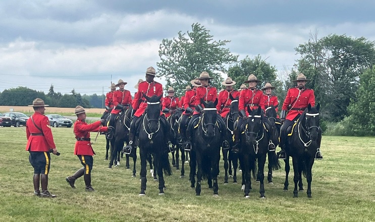 A group of riders and horses ready to perform.