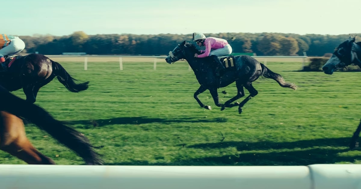 Horses racing on the turf.
