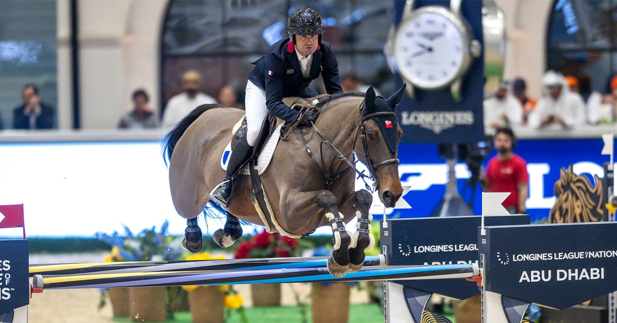 A man jumping a bay horse over a fence in Abu Dhabi.