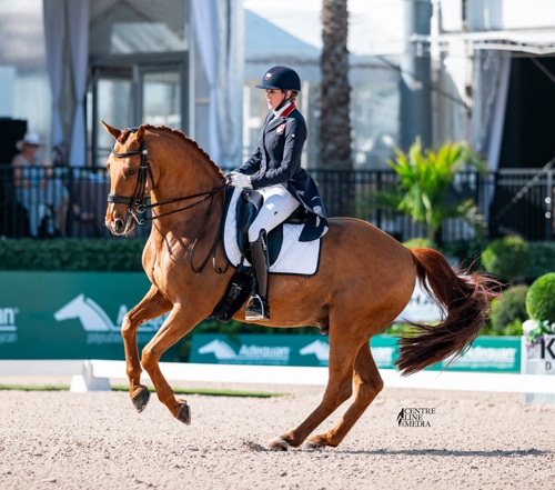 A woman riding a chestnut horse during a dressage test.