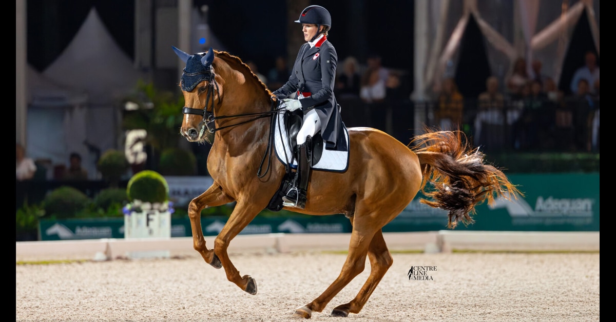 A woman riding a chestnut horse in dressage competition in Florida.