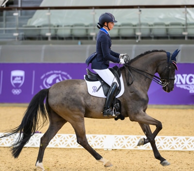 A woman riding a dark bay dressage horse during a test.