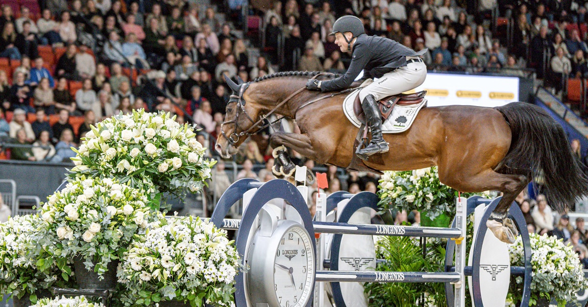 A man jumping a bay horse over a fence at a show in Sweden.