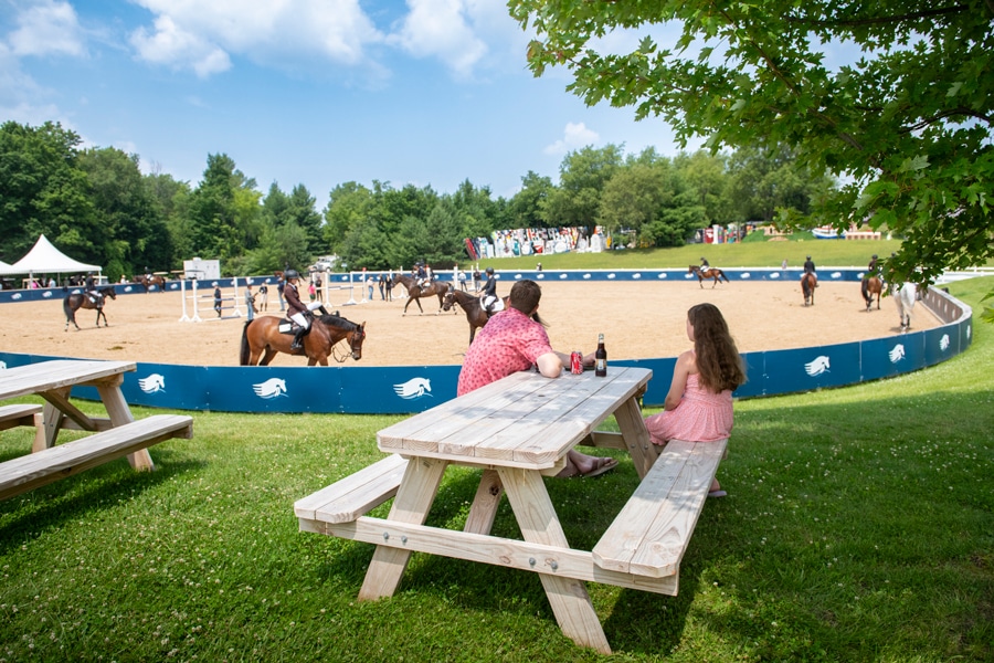 Spectators at a picnic table watching horses in a warmup ring.