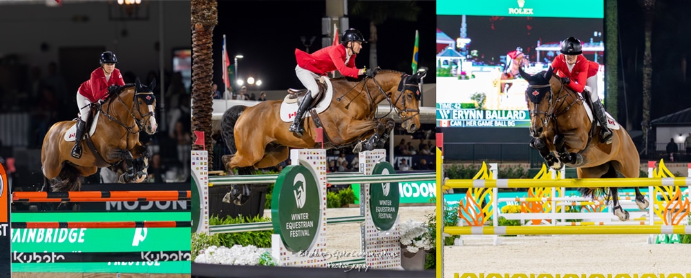 Three photos of team members jumping fences on bay horses.