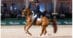 A man riding a chestnut dressage horse in pirouette.