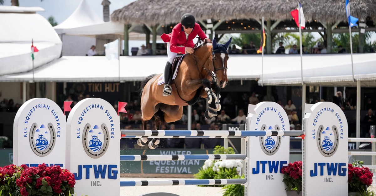 A man in a red jacket jumping a bay mare over a fence in Florida.