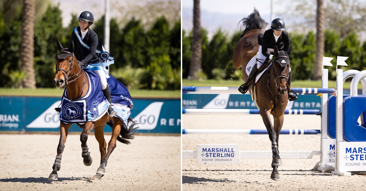A woman on a bay horse during a victory gallop; a woman jumping a bay horse over a fence in California.