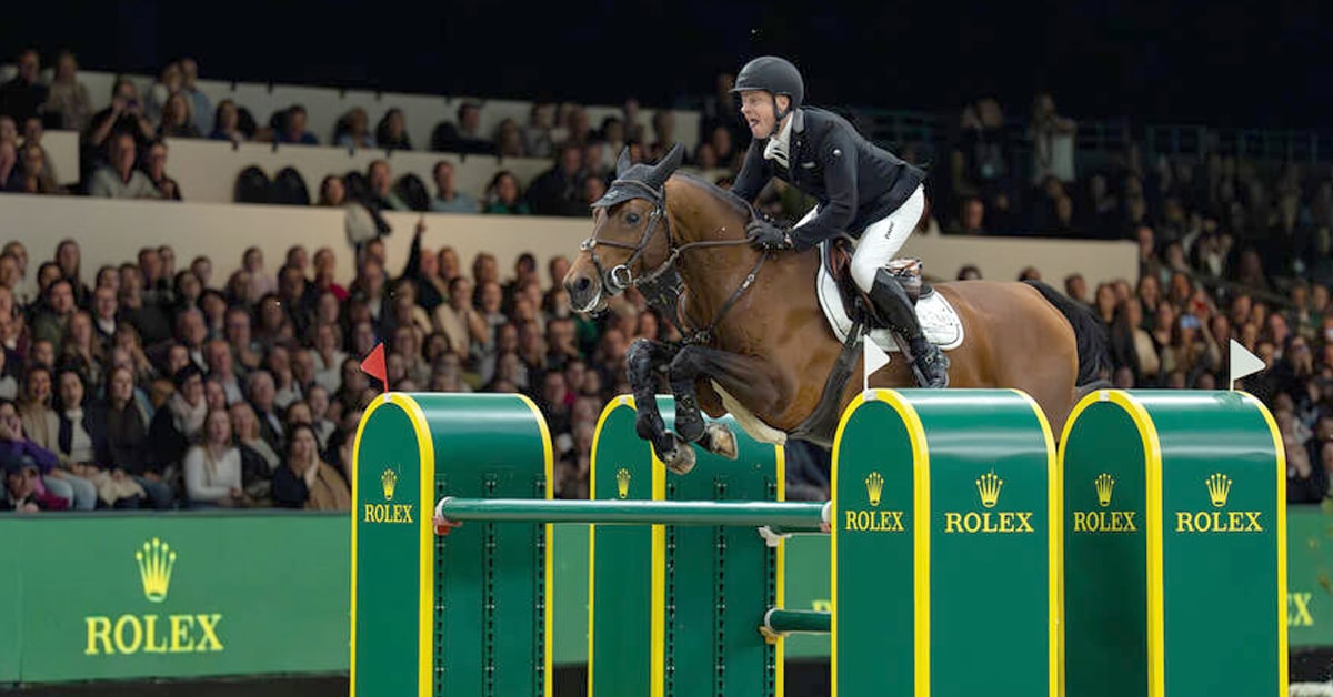 A man jumping a bay horse over a Rolex fence.