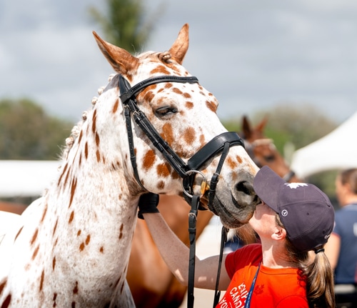 A woman kissing an appaloosa.