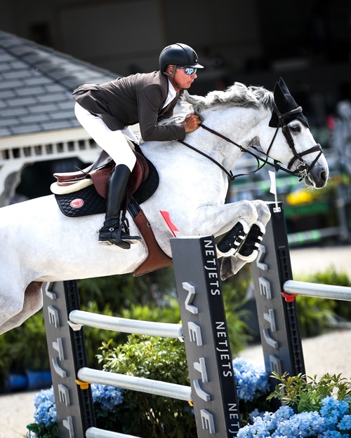 A man jumping a grey mare over a fence in Florida.