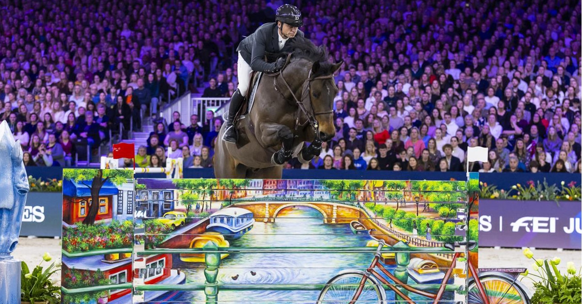 A man jumping a dary bay horse over a colourful fence in Amsterdam.
