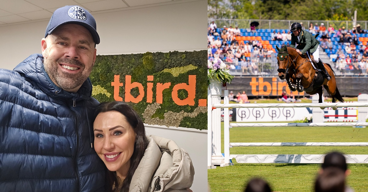 A smiling couple; a horse and rider jumping a fence at tbird.
