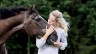 A woman kissing an old bay horse.