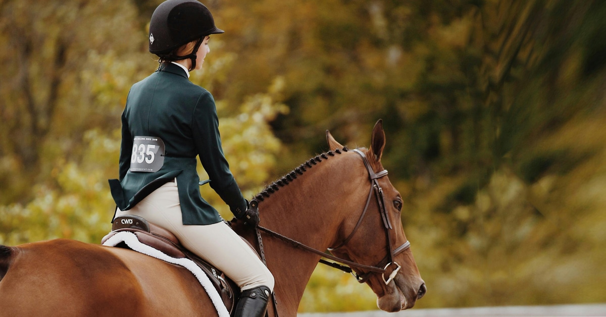 A woman riding a bay horse in an english saddle.