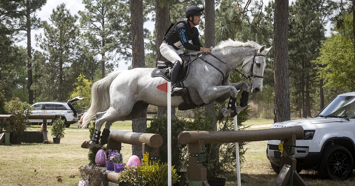 A man jumping a grey horse over a cross-country fence.