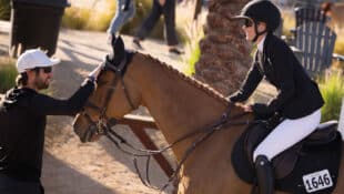 A woman sitting on a horse while a man pats its face.