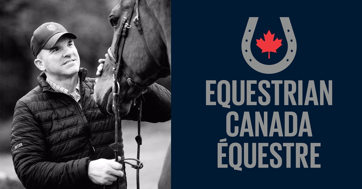 A smiling man patting a horse; the EC logo.