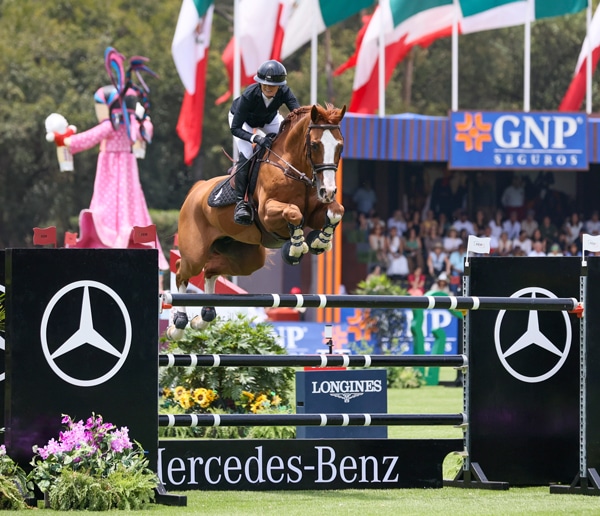 A woman jumping a chestnut horse over a jump in Mexico.