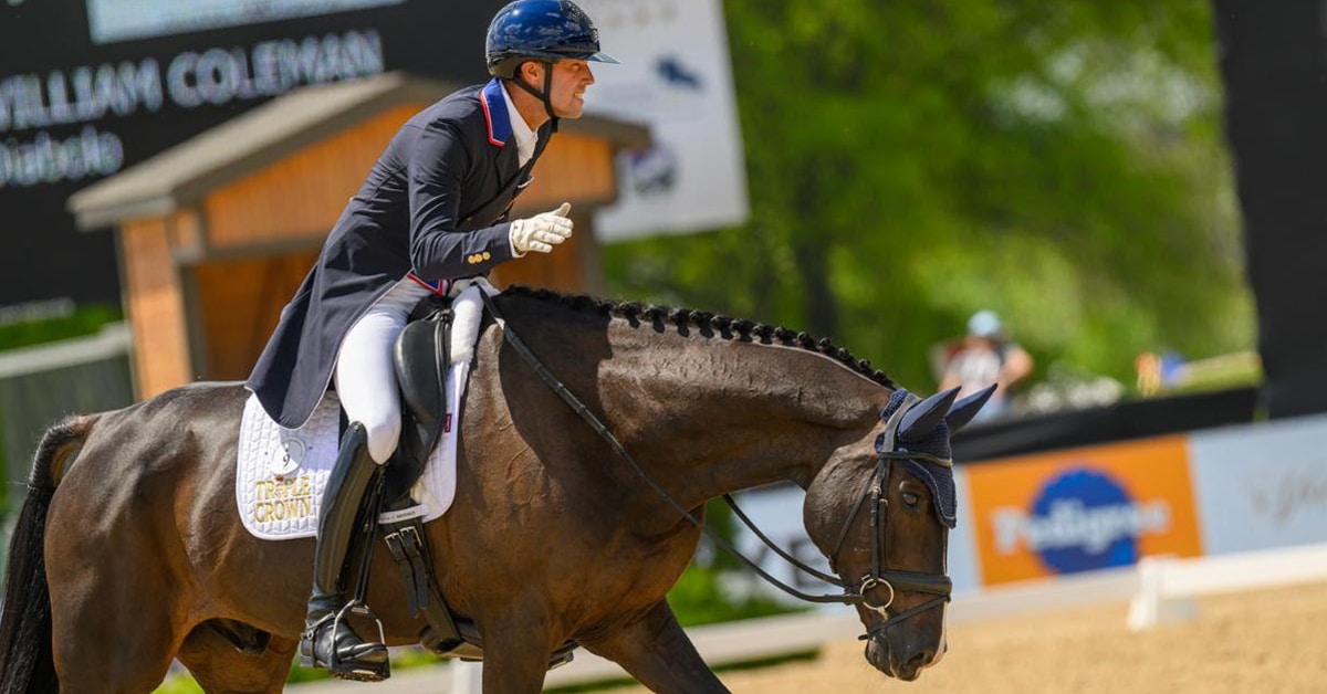 A smiling man patting his horse after a dressage test.