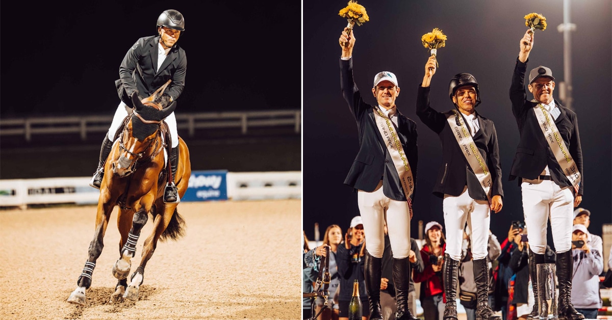 A man cantering on a bay horse; a podium with three men holding flowers.
