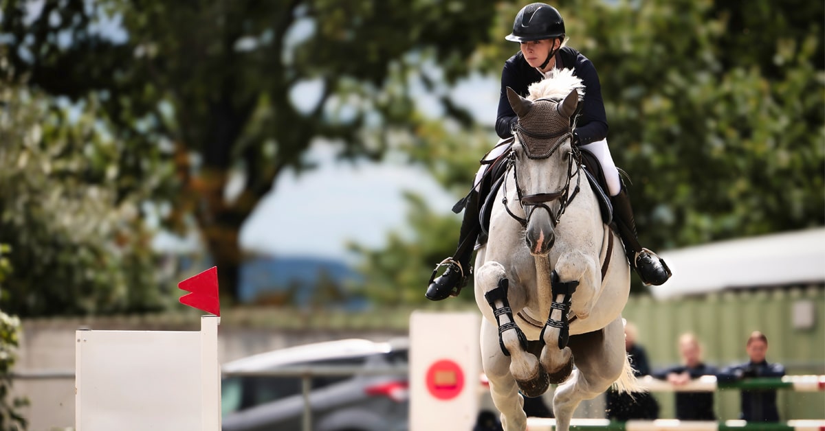 A woman jumping a grey horse over a fence at a horse show.
