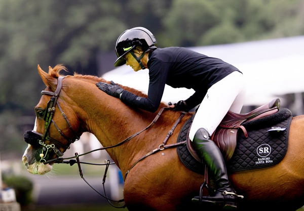 A woman rider patting a chestnut horse.