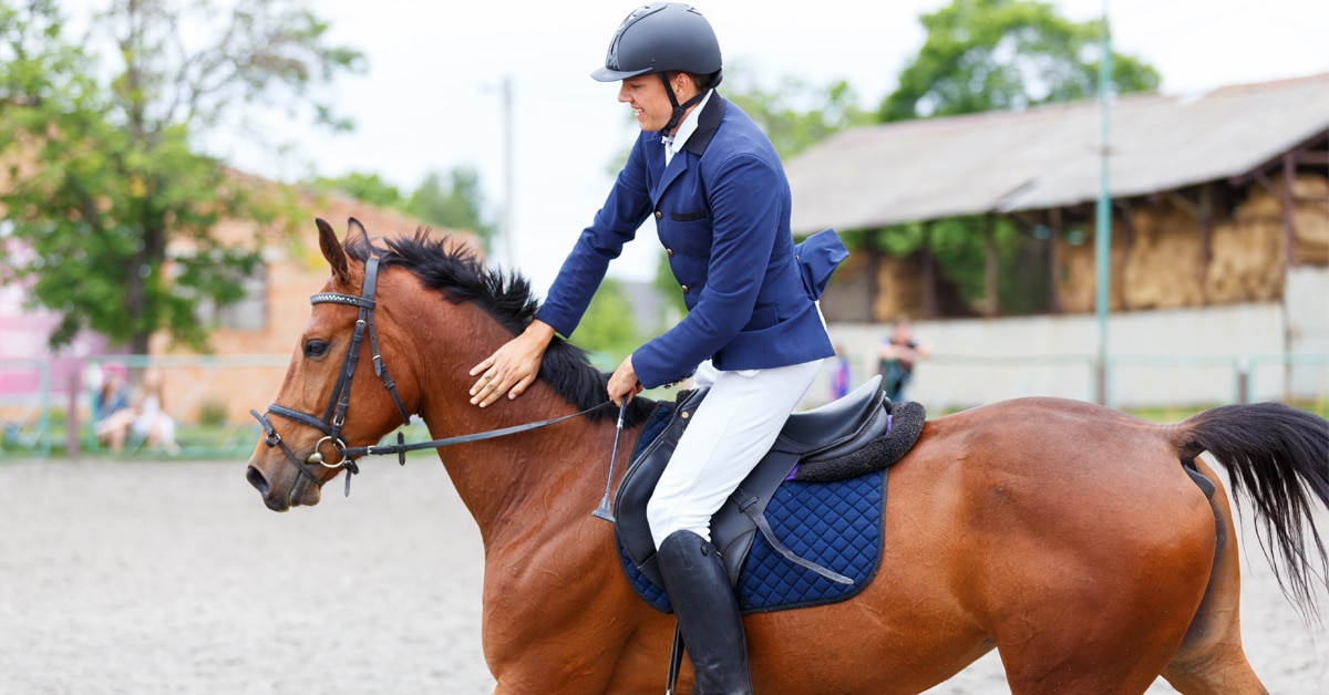 A man patting a bay horse from the saddle.