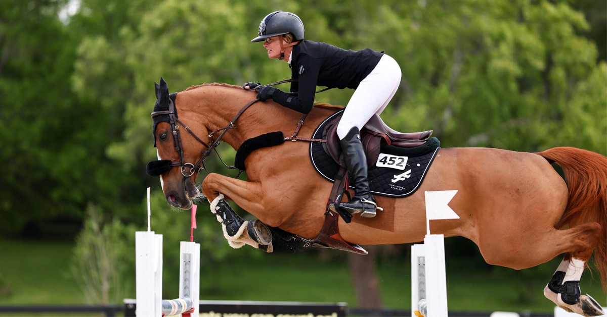 A woman jumping a chestnut horse over a fence in Kentucky.