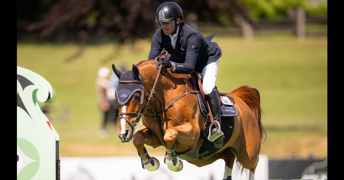 A man jumping a chestnut horse over a fence at tbird.