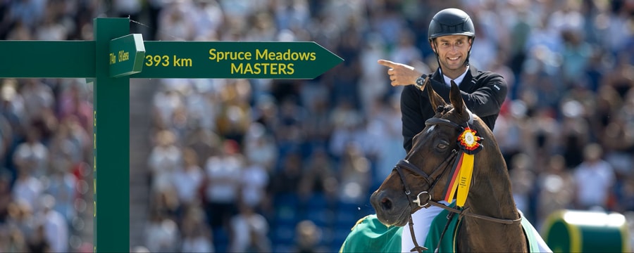 A man on a bay horse, pointing at a sign.