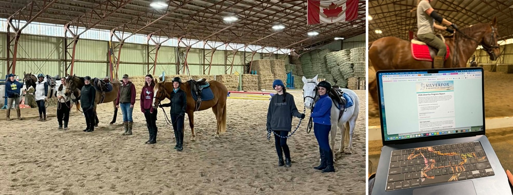 A group of riders and horses; a computer screen.