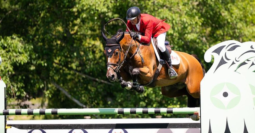 A man jumping a bay horse over a fence at tbird.